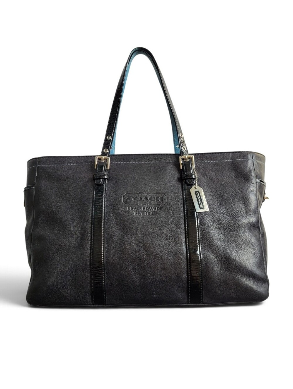Vintage Coach Hampton Gallery Tote 2937 Black Leather With Sky Blue & Patent